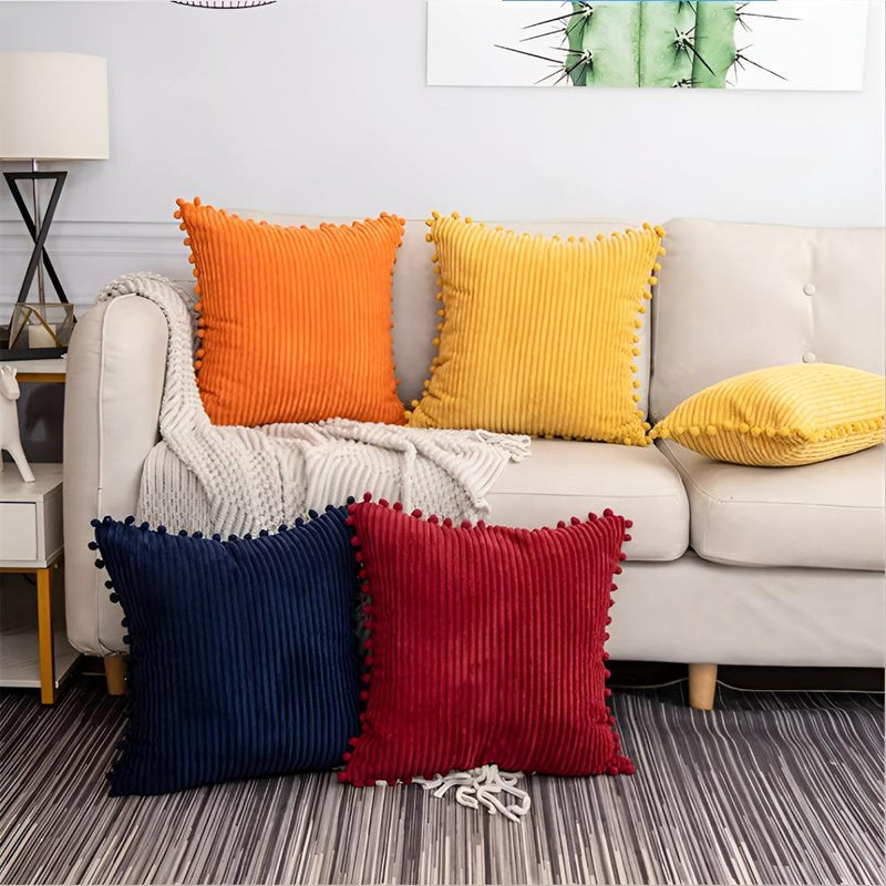 Plush Ribbed Pom-Pom Cushion Cover