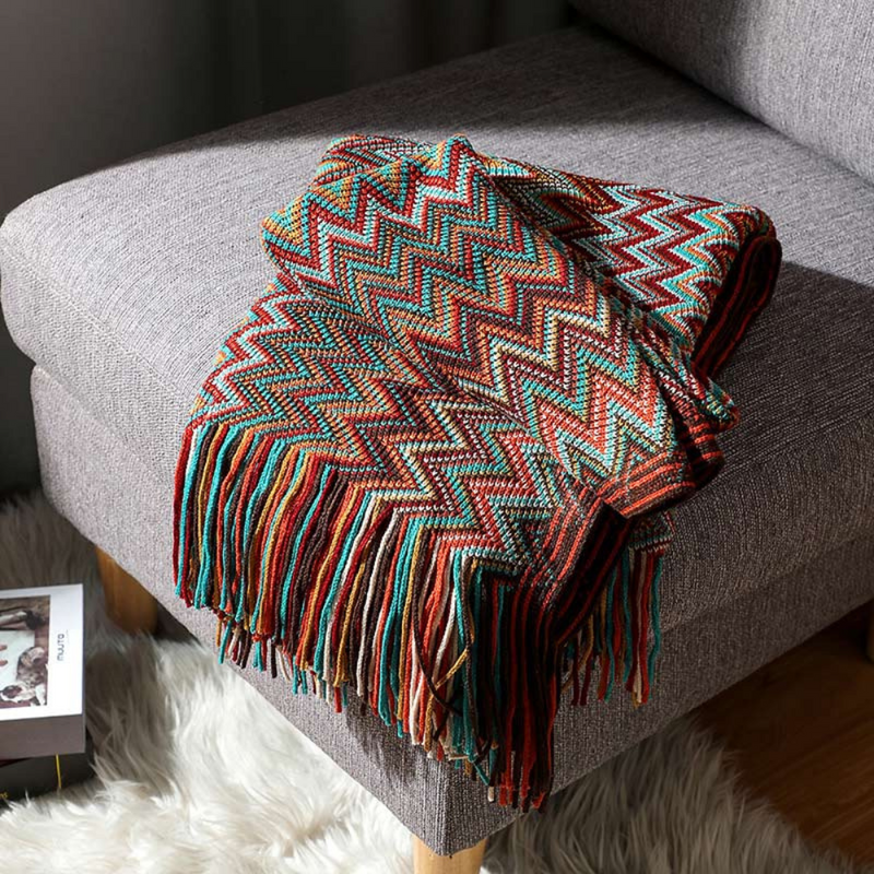 Multicolour Zigzag Tasseled Knit Throw