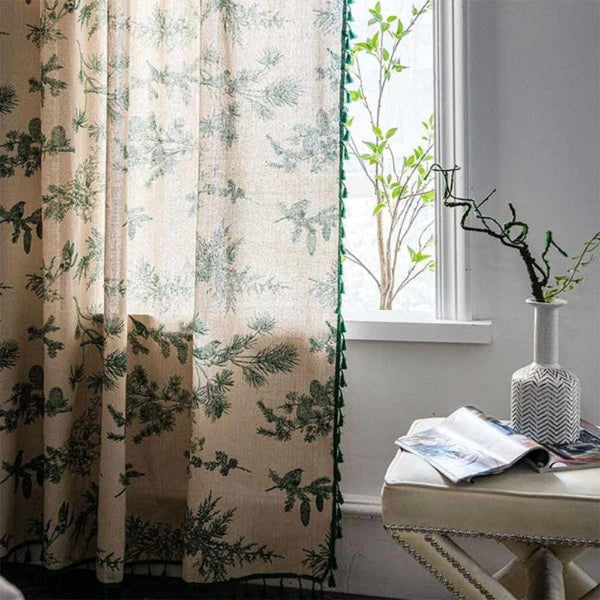 Green Pine Bird Pattern Tassel Curtain