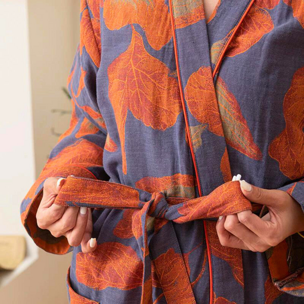 Large Leaf Cotton Bathrobe with Tie