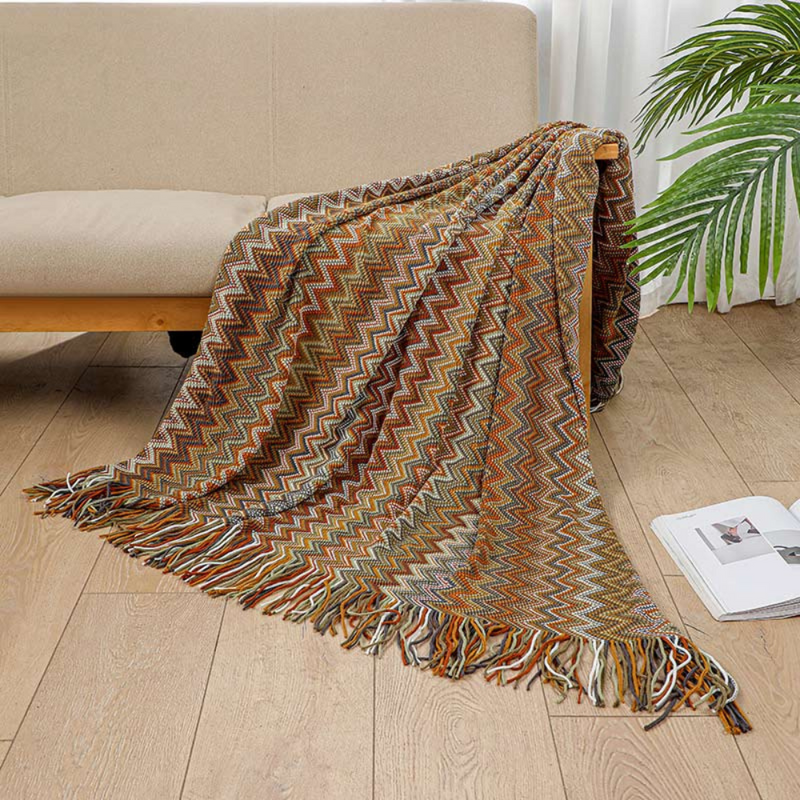 Multicolour Zigzag Tasseled Knit Throw