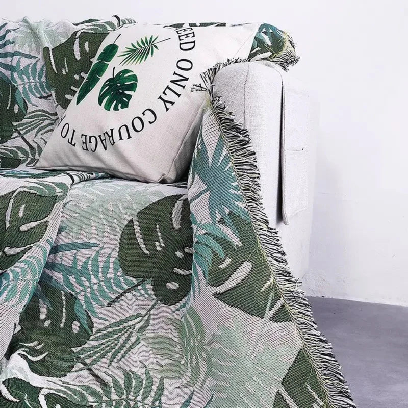 Palm Leaves Sofa Cover Tassel Blanket