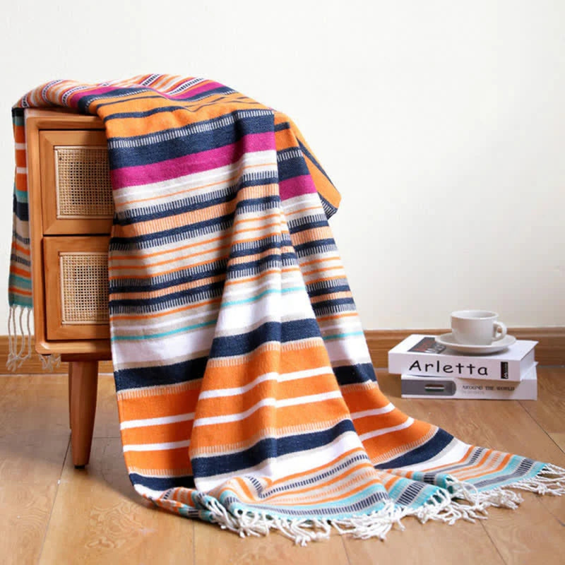 Rainbow Striped Tassel Blanket