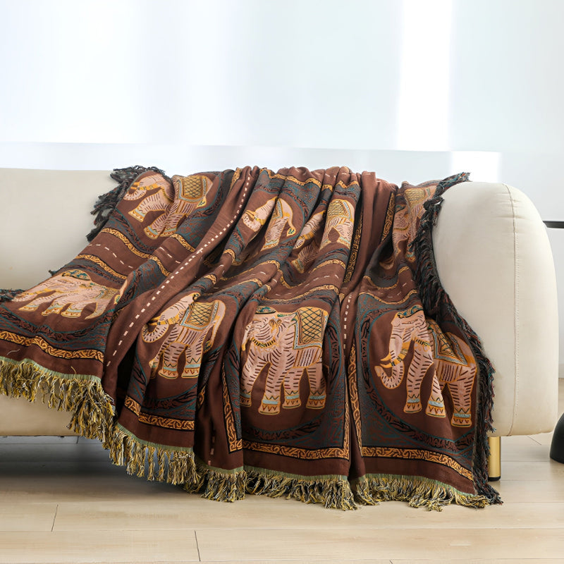 Bohemian Elephant Print Tassel Blanket