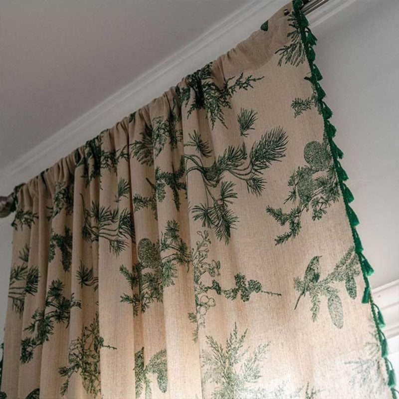 Green Pine Bird Pattern Tassel Curtain