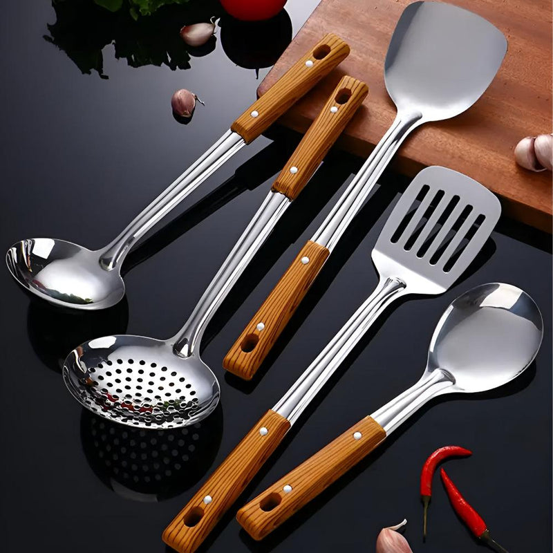 Wood-Grip Steel Kitchen Utensil Set (5 Sets)