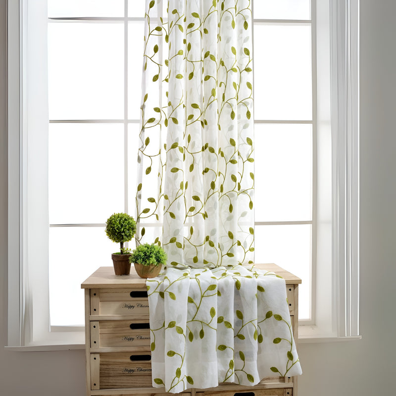 Green Leaf Embroidered Sheer Curtains