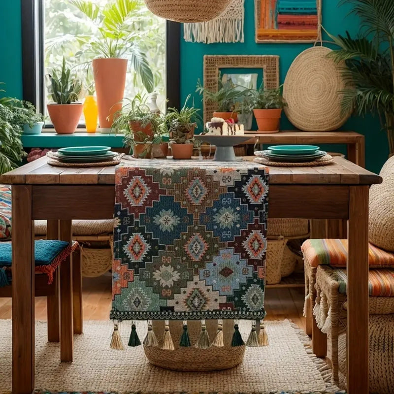 Colourful Geometric Tassel Table Runner Decor