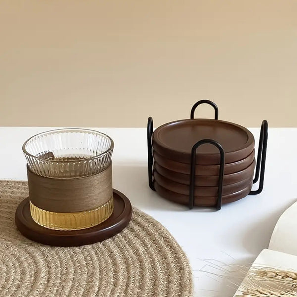 Rustic Wooden Coasters Metal Holder | 6pcs Set