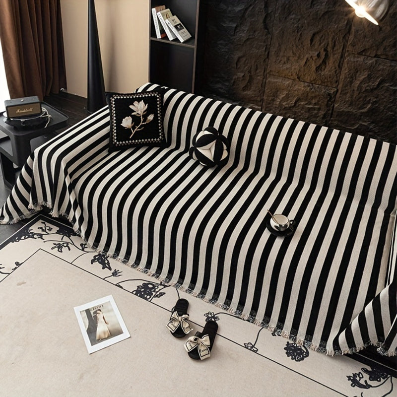 Striped Chenille Black White Sofa Cover