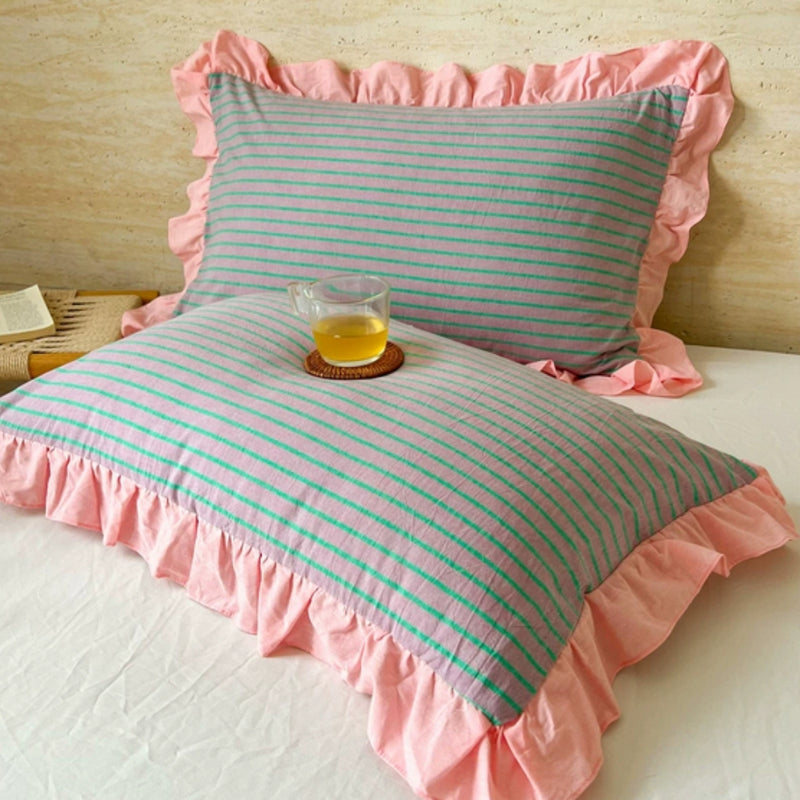 Striped Ruffled Lace Pillowcases in Multiple Colours
