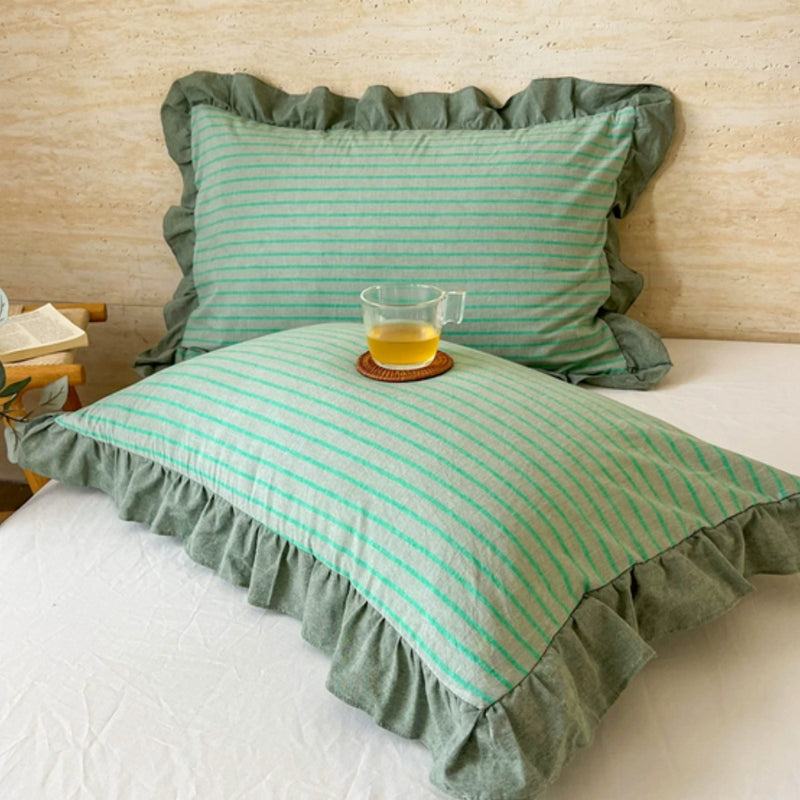 Striped Ruffled Lace Pillowcases in Multiple Colours