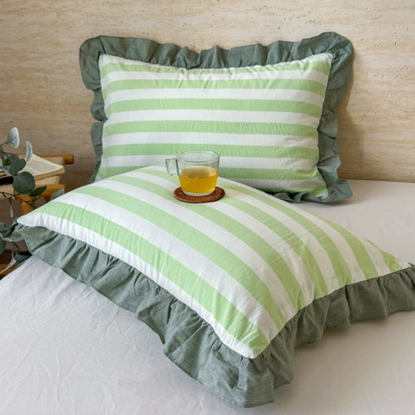 Striped Ruffled Lace Pillowcases in Multiple Colours