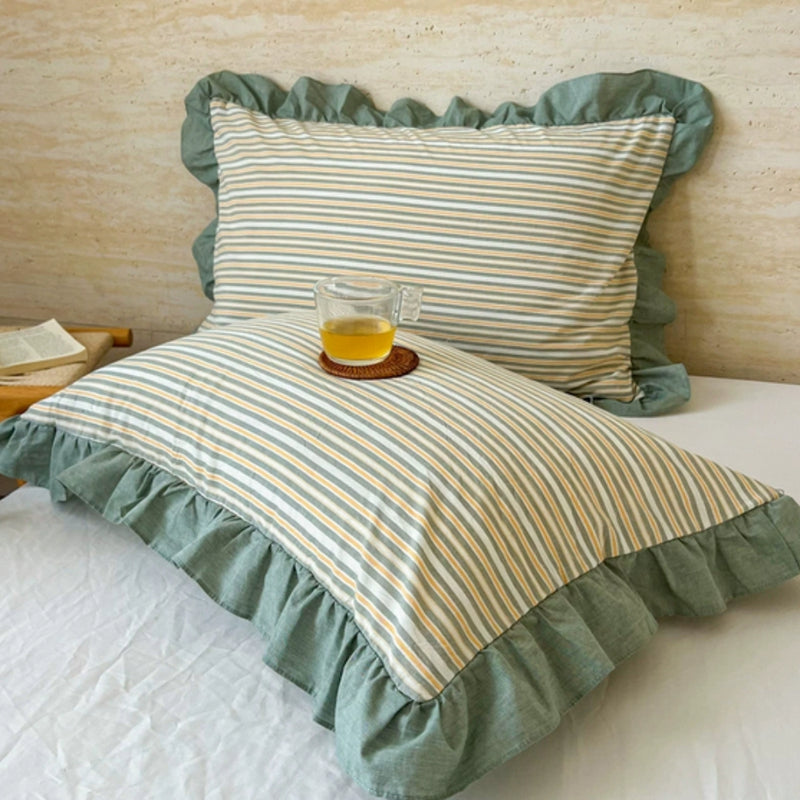 Striped Ruffled Lace Pillowcases in Multiple Colours