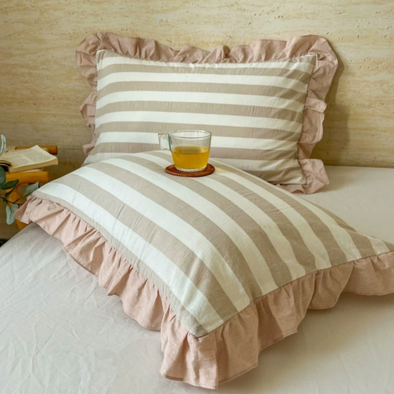 Striped Ruffled Lace Pillowcases in Multiple Colours