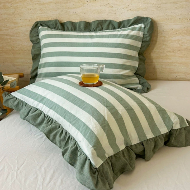 Striped Ruffled Lace Pillowcases in Multiple Colours