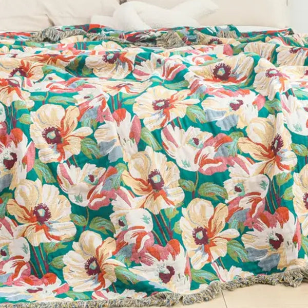 Sunlit Floral Tassel Cotton Blanket