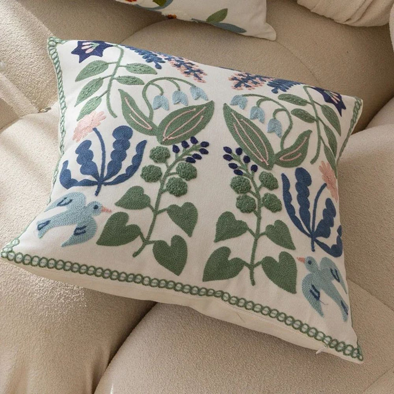 Vintage Botanical Embroidery Cushion Cover